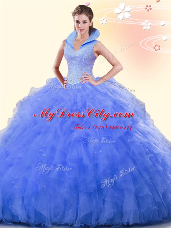 Latest Floor Length Ball Gowns Sleeveless Blue Sweet 16 Dresses Backless