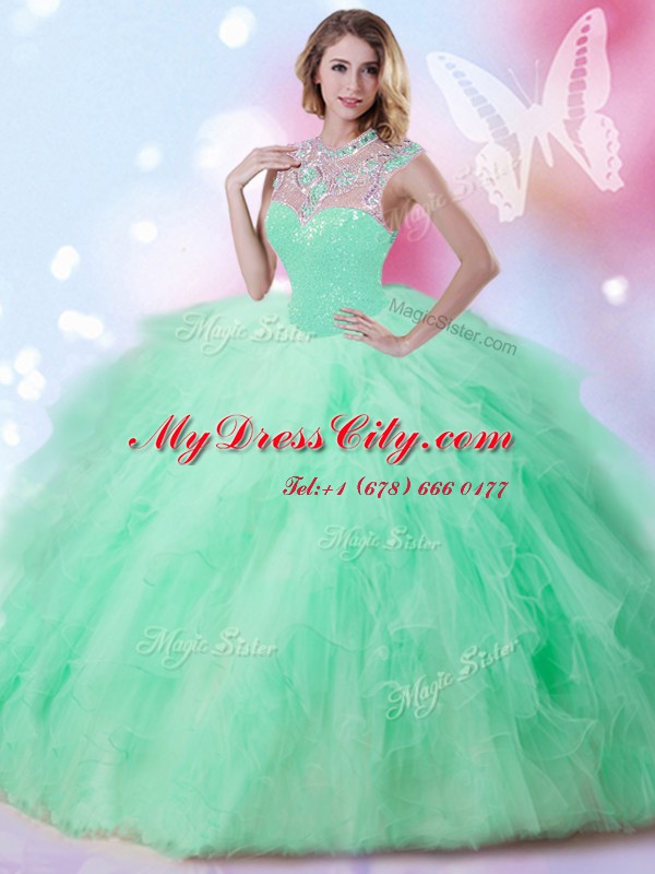 Apple Green Ball Gowns High-neck Sleeveless Tulle Floor Length Zipper Beading and Ruffles and Sequins Sweet 16 Dresses