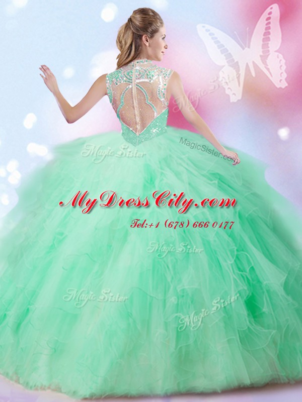 Apple Green Ball Gowns High-neck Sleeveless Tulle Floor Length Zipper Beading and Ruffles and Sequins Sweet 16 Dresses