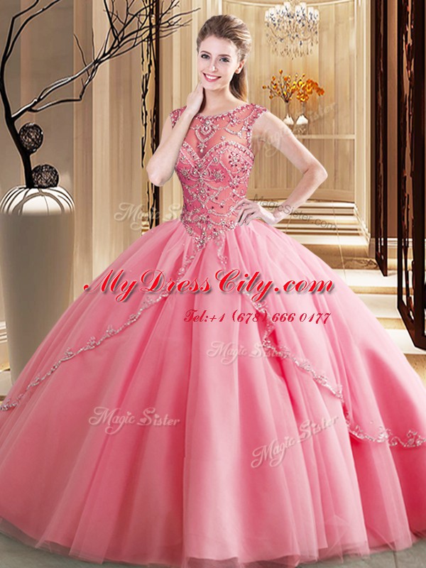 Deluxe Scoop Sleeveless Beading Lace Up 15th Birthday Dress with Watermelon Red Brush Train