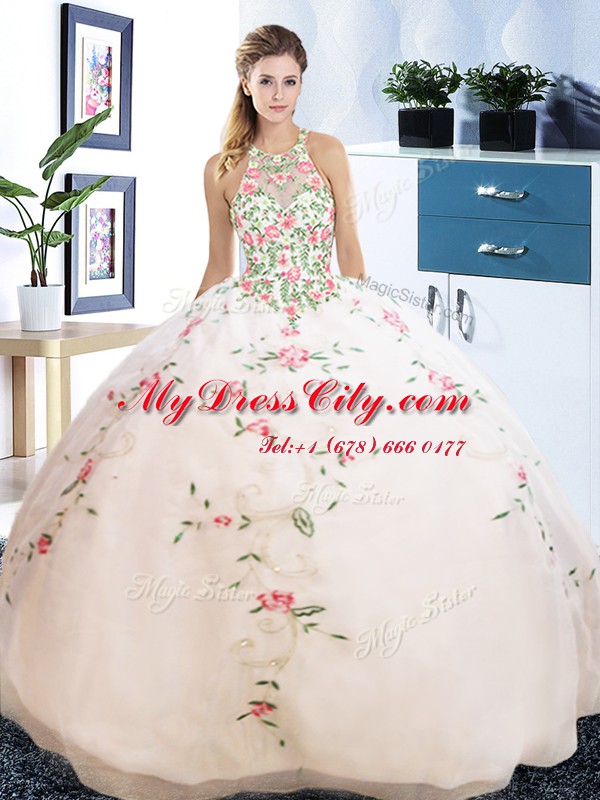 Custom Designed White Lace Up Halter Top Embroidery Quinceanera Gown Organza Sleeveless