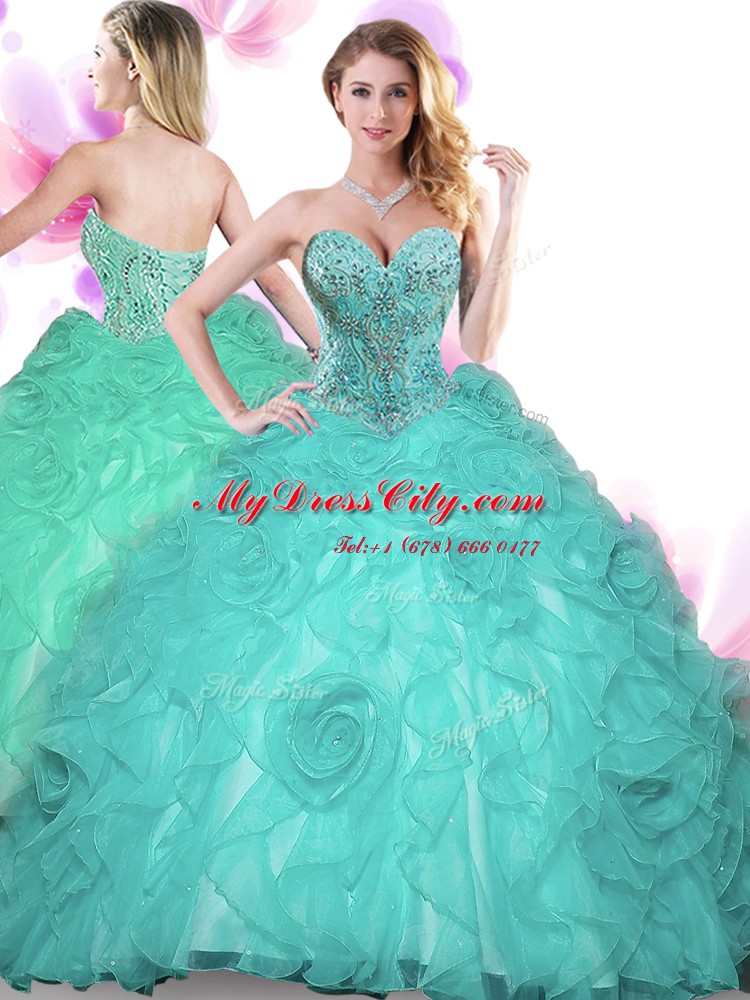 Customized Turquoise Lace Up Quinceanera Gown Beading Sleeveless Floor Length