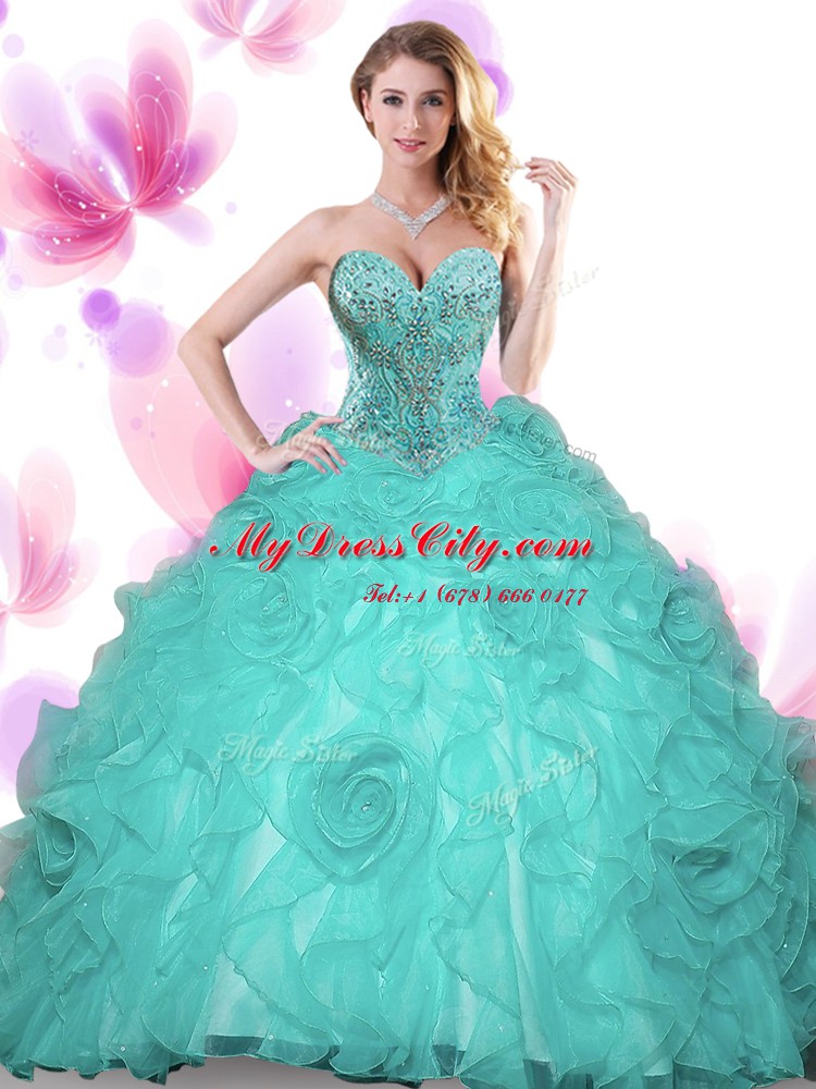 Customized Turquoise Lace Up Quinceanera Gown Beading Sleeveless Floor Length