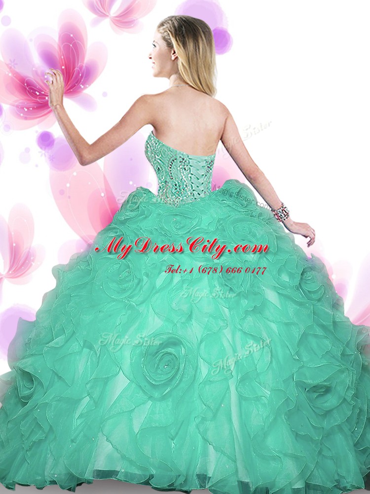 Customized Turquoise Lace Up Quinceanera Gown Beading Sleeveless Floor Length