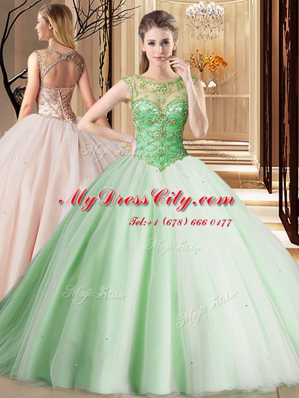 Chic Apple Green Ball Gowns Tulle Scoop Sleeveless Beading Lace Up Sweet 16 Dress Brush Train