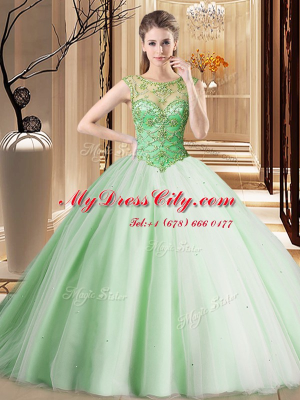 Chic Apple Green Ball Gowns Tulle Scoop Sleeveless Beading Lace Up Sweet 16 Dress Brush Train