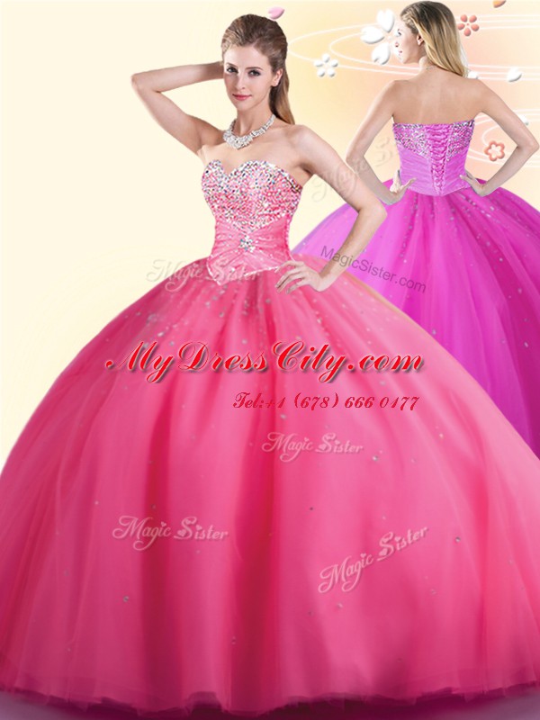 Modest Floor Length Hot Pink Sweet 16 Quinceanera Dress Sweetheart Sleeveless Lace Up