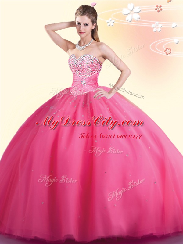 Modest Floor Length Hot Pink Sweet 16 Quinceanera Dress Sweetheart Sleeveless Lace Up