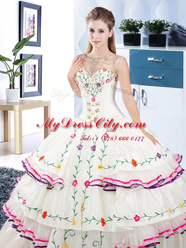 Colorful Ruffled Floor Length White Sweet 16 Dresses Scoop Sleeveless Lace Up