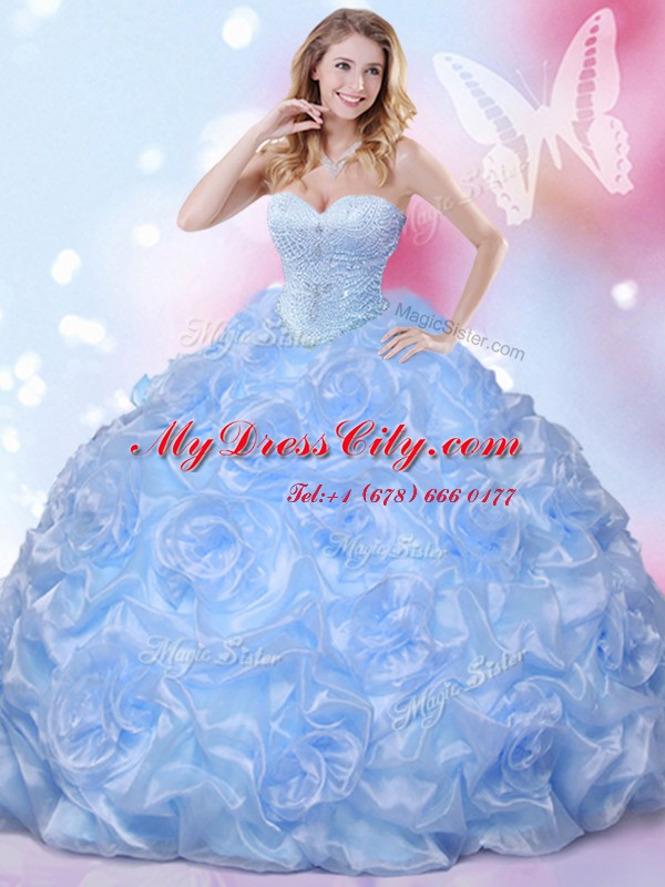 Floor Length Blue Sweet 16 Dress Fabric With Rolling Flowers Sleeveless Beading and Pick Ups