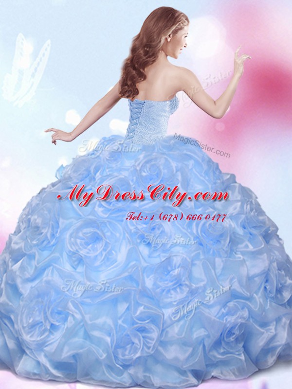 Floor Length Blue Sweet 16 Dress Fabric With Rolling Flowers Sleeveless Beading and Pick Ups