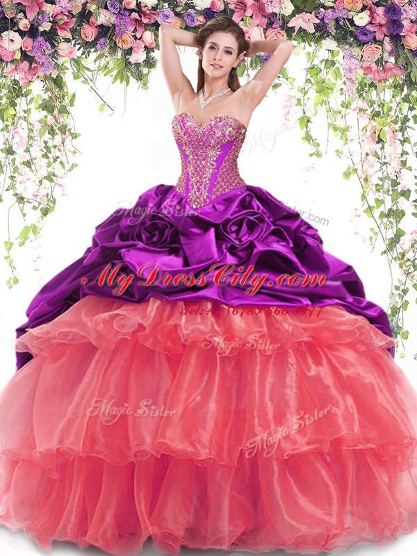 Shining Organza and Taffeta Sweetheart Sleeveless Brush Train Lace Up Beading and Ruffled Layers and Pick Ups Sweet 16 Quinceanera Dress in Multi-color