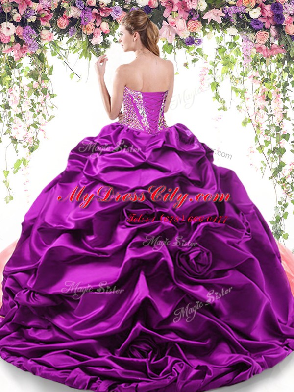 Shining Organza and Taffeta Sweetheart Sleeveless Brush Train Lace Up Beading and Ruffled Layers and Pick Ups Sweet 16 Quinceanera Dress in Multi-color