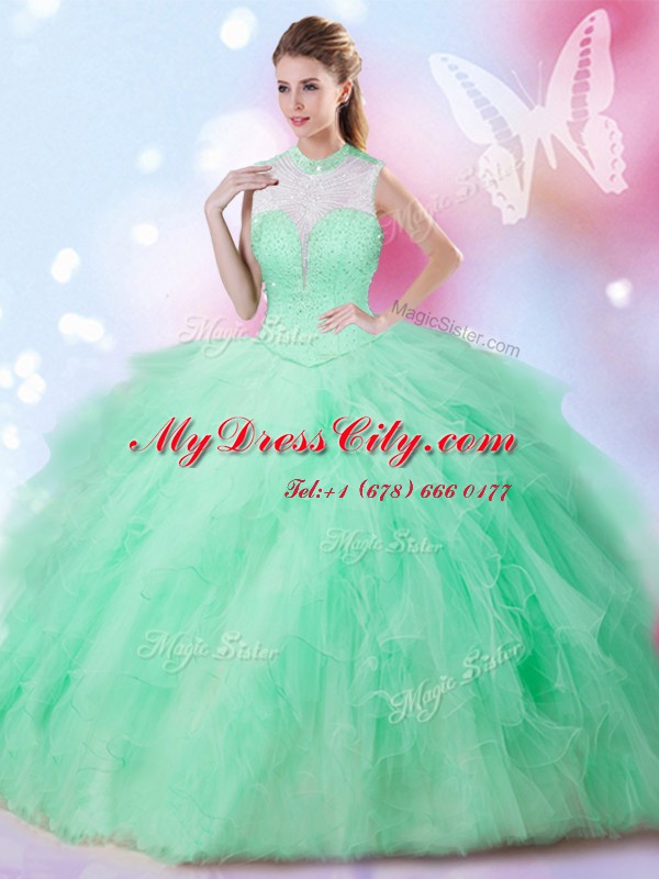 Inexpensive Tulle Sleeveless Floor Length Quince Ball Gowns and Beading and Ruffles