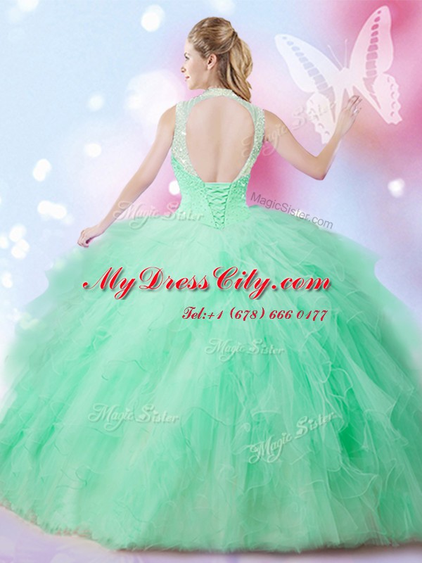 Inexpensive Tulle Sleeveless Floor Length Quince Ball Gowns and Beading and Ruffles