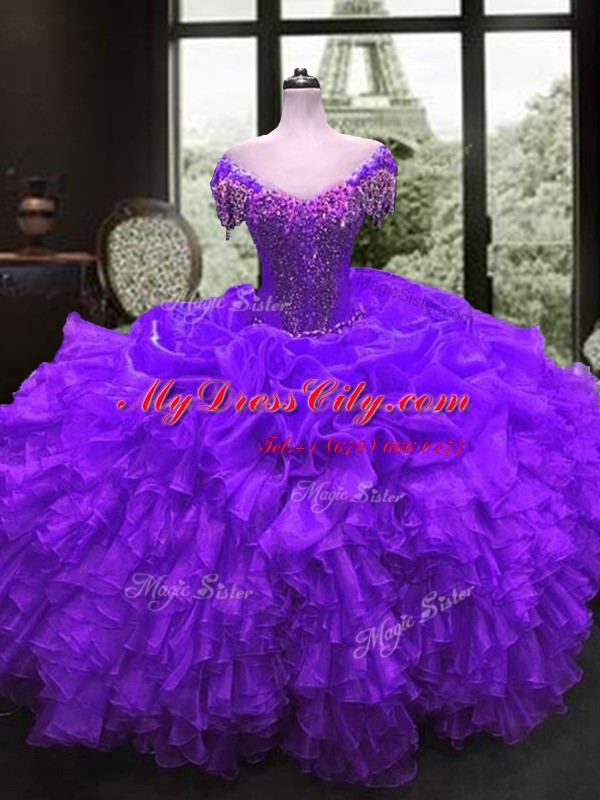 Purple Cap Sleeves Floor Length Beading and Ruffles Lace Up Sweet 16 Dress