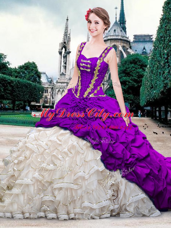 Lovely Straps Sleeveless Brush Train Beading and Ruffles and Pick Ups Lace Up Quinceanera Gowns