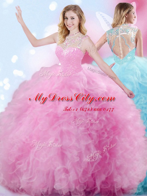 Traditional Rose Pink Zipper Sweet 16 Dresses Beading and Ruffles and Pick Ups Sleeveless Floor Length