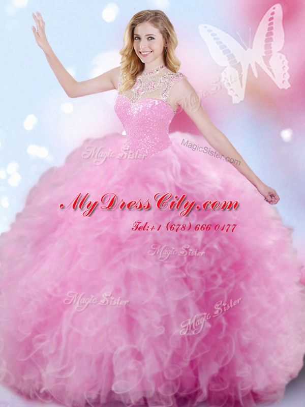 Traditional Rose Pink Zipper Sweet 16 Dresses Beading and Ruffles and Pick Ups Sleeveless Floor Length