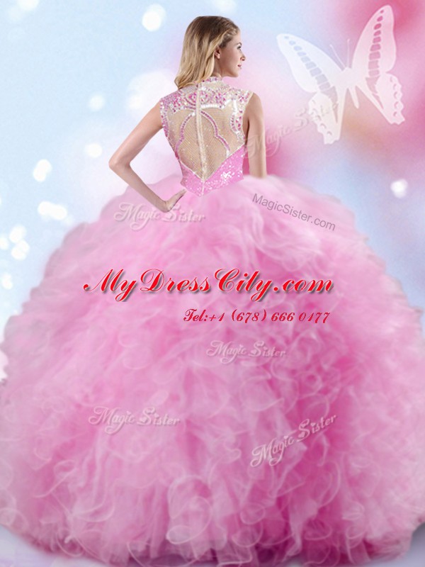 Traditional Rose Pink Zipper Sweet 16 Dresses Beading and Ruffles and Pick Ups Sleeveless Floor Length