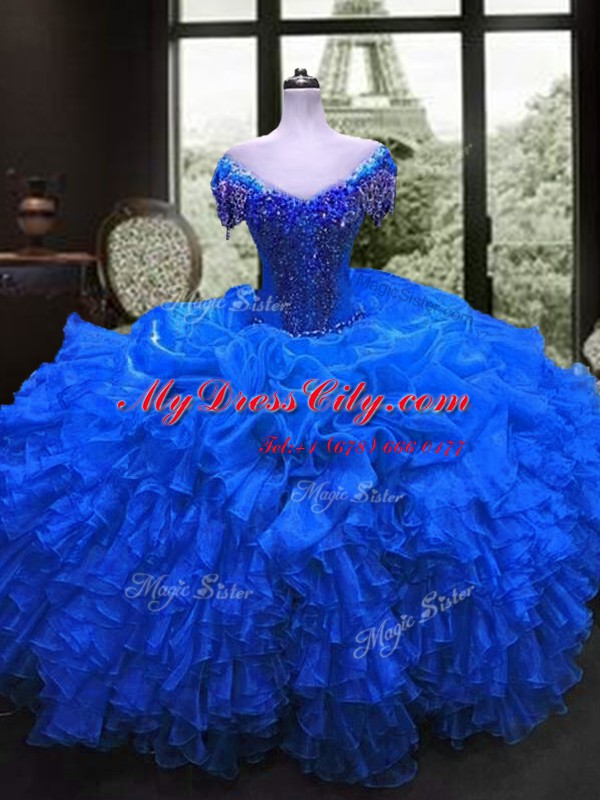 Spectacular Floor Length Royal Blue Quinceanera Gown Sweetheart Cap Sleeves Lace Up