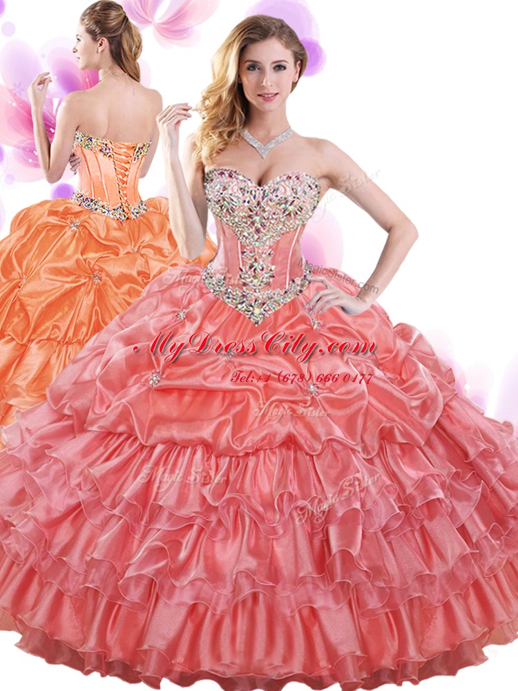 Custom Made Watermelon Red Organza Lace Up Sweetheart Sleeveless Floor Length Quinceanera Dresses Beading and Ruffled Layers and Pick Ups