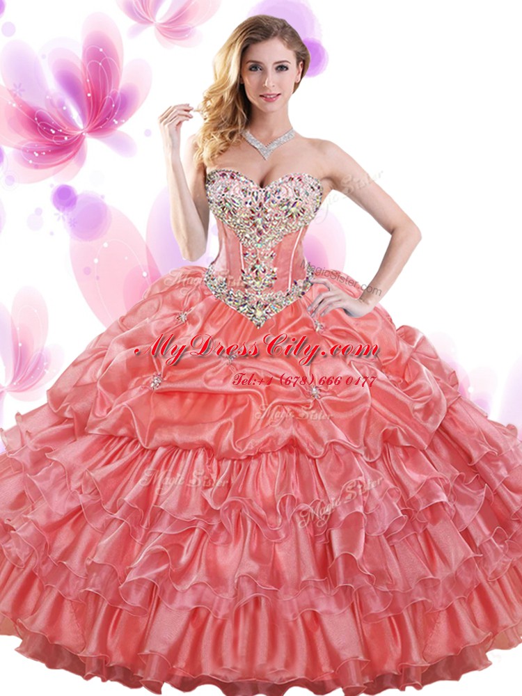 Custom Made Watermelon Red Organza Lace Up Sweetheart Sleeveless Floor Length Quinceanera Dresses Beading and Ruffled Layers and Pick Ups