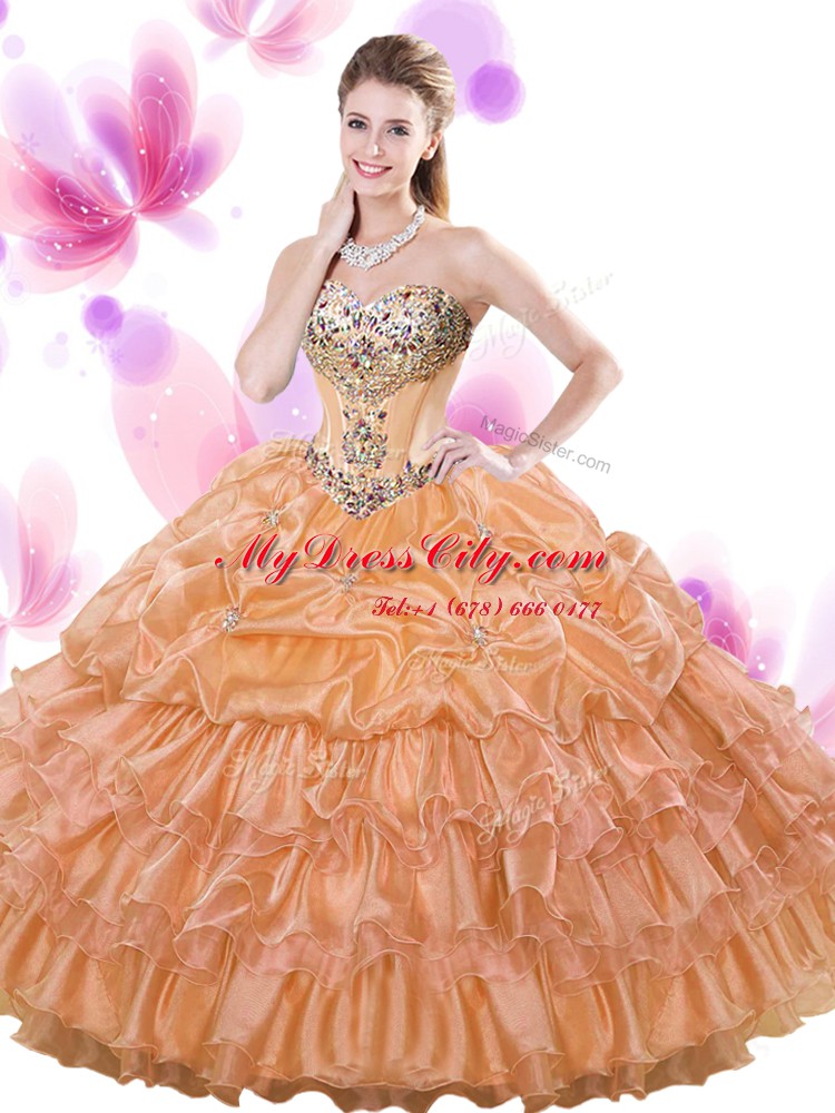 Custom Made Watermelon Red Organza Lace Up Sweetheart Sleeveless Floor Length Quinceanera Dresses Beading and Ruffled Layers and Pick Ups