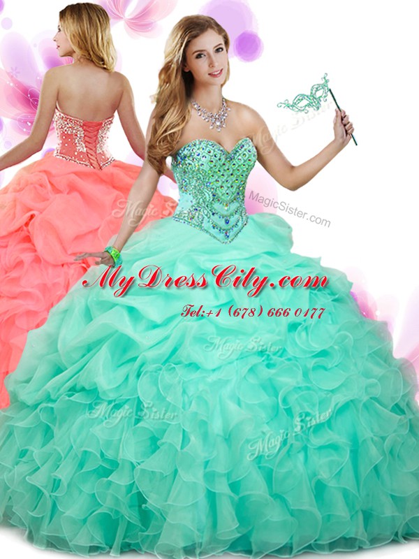 Graceful Apple Green Sleeveless Floor Length Beading and Ruffles and Pick Ups Lace Up Sweet 16 Dress