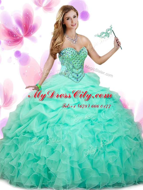 Graceful Apple Green Sleeveless Floor Length Beading and Ruffles and Pick Ups Lace Up Sweet 16 Dress