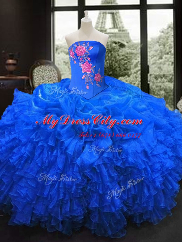 Floor Length Royal Blue Quinceanera Dresses Strapless Sleeveless Lace Up