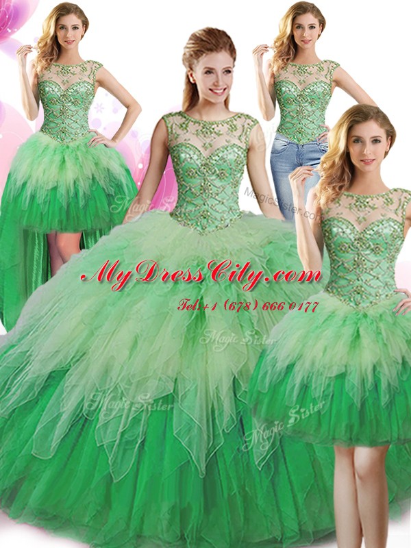 Four Piece Ball Gowns Vestidos de Quinceanera Green Scoop Tulle Sleeveless Floor Length Lace Up