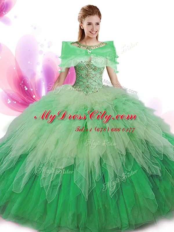 Four Piece Ball Gowns Vestidos de Quinceanera Green Scoop Tulle Sleeveless Floor Length Lace Up