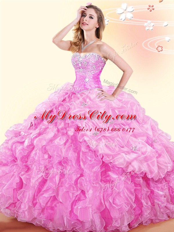 Rose Pink Sweetheart Neckline Beading and Ruffles and Pick Ups Quinceanera Gowns Sleeveless Lace Up