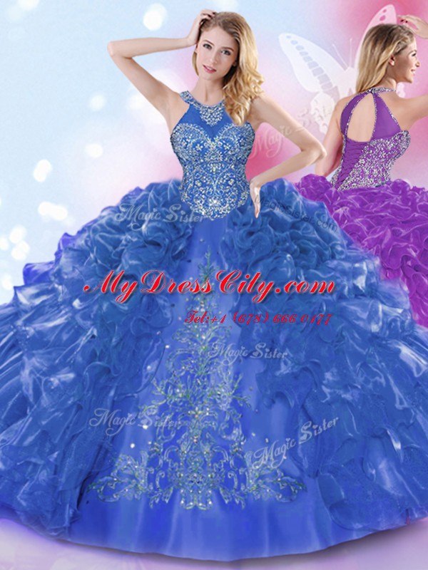 Halter Top Sleeveless Lace Up Floor Length Appliques and Ruffled Layers 15 Quinceanera Dress