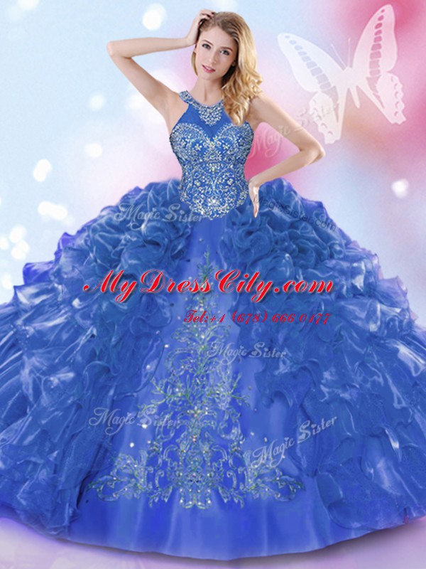 Halter Top Sleeveless Lace Up Floor Length Appliques and Ruffled Layers 15 Quinceanera Dress