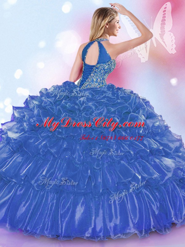 Halter Top Sleeveless Lace Up Floor Length Appliques and Ruffled Layers 15 Quinceanera Dress