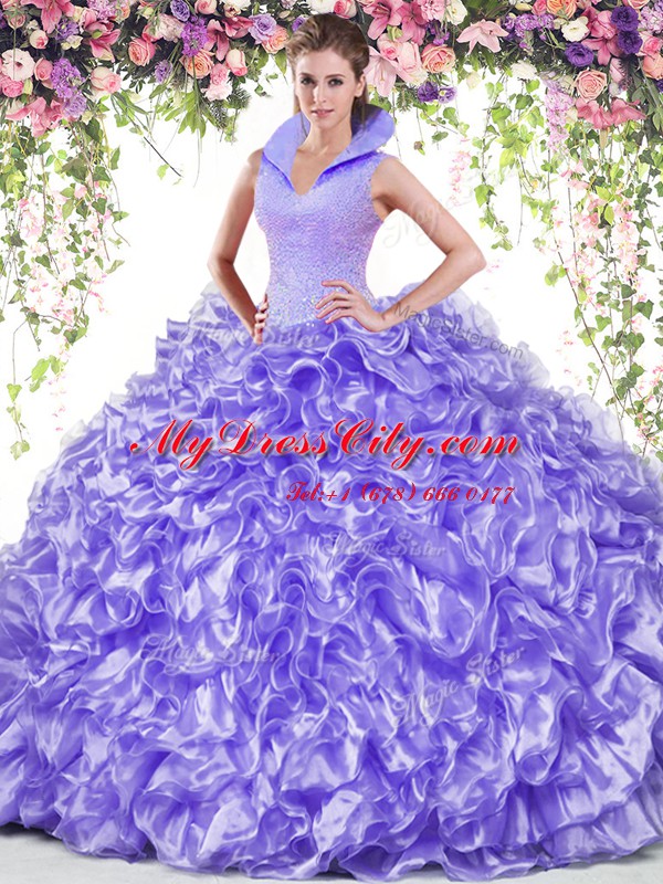 High-neck Sleeveless Backless Vestidos de Quinceanera Lavender Organza