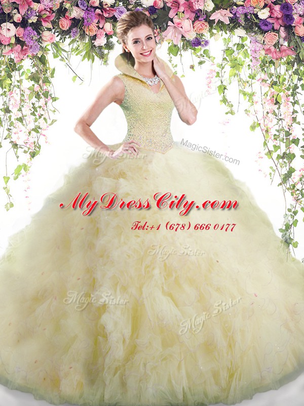 Custom Designed Light Yellow Ball Gowns Beading and Ruffles Sweet 16 Dresses Backless Tulle Sleeveless Floor Length