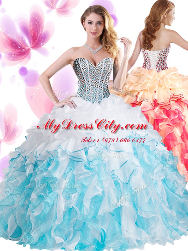 Chic Blue And White Ball Gowns Sweetheart Sleeveless Organza Floor Length Lace Up Beading and Ruffles Quinceanera Dresses