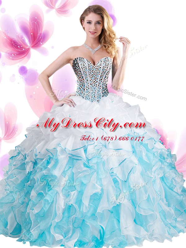 Chic Blue And White Ball Gowns Sweetheart Sleeveless Organza Floor Length Lace Up Beading and Ruffles Quinceanera Dresses