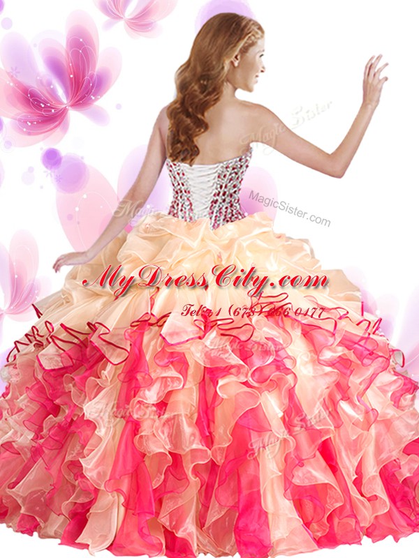 Chic Blue And White Ball Gowns Sweetheart Sleeveless Organza Floor Length Lace Up Beading and Ruffles Quinceanera Dresses