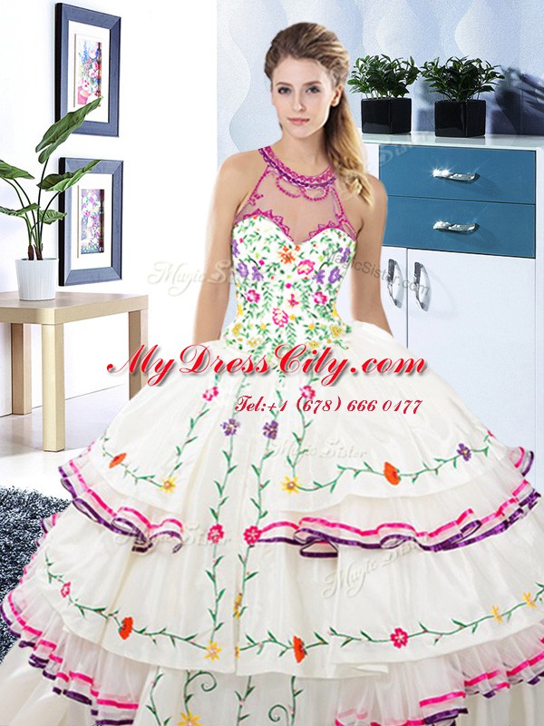 Chic Halter Top Sleeveless 15 Quinceanera Dress Floor Length Embroidery and Ruffled Layers White Organza and Taffeta