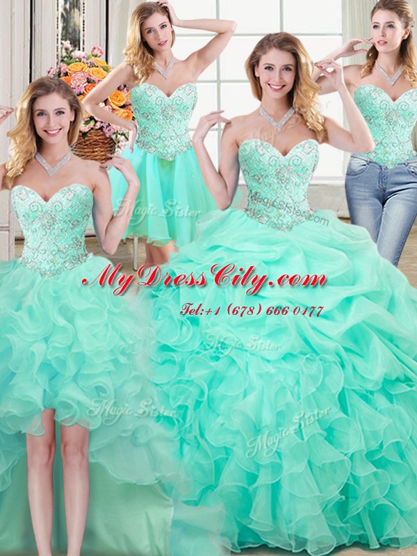 Fashionable Four Piece Apple Green Ball Gowns Sweetheart Sleeveless Organza Floor Length Lace Up Beading and Ruffles and Pick Ups Vestidos de Quinceanera