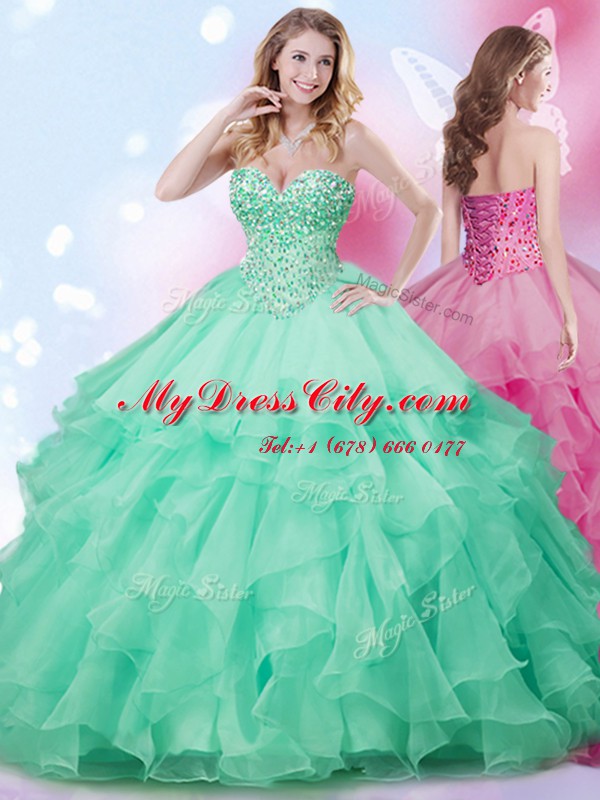 Cute Organza Sweetheart Sleeveless Lace Up Beading and Ruffles Vestidos de Quinceanera in Apple Green