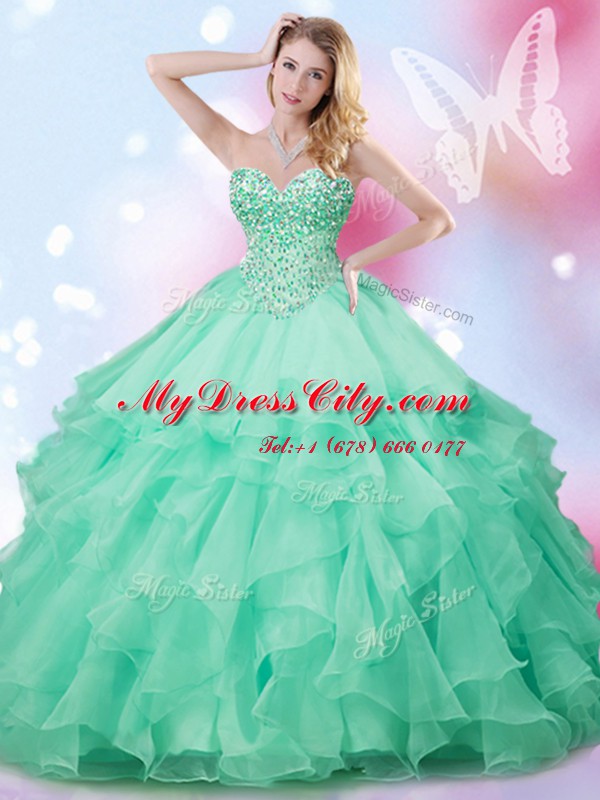 Cute Organza Sweetheart Sleeveless Lace Up Beading and Ruffles Vestidos de Quinceanera in Apple Green