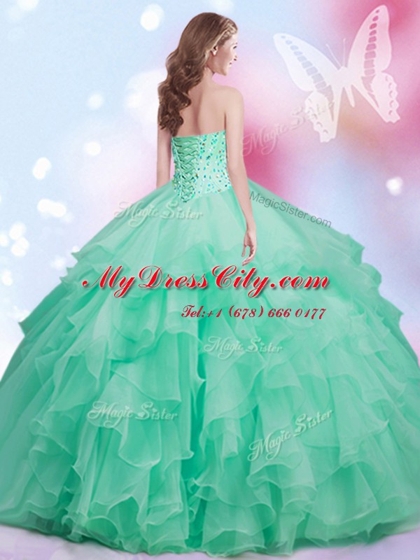 Cute Organza Sweetheart Sleeveless Lace Up Beading and Ruffles Vestidos de Quinceanera in Apple Green