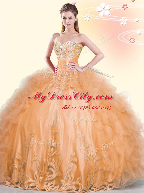 Nice Orange Sweetheart Neckline Beading and Appliques and Ruffles Sweet 16 Quinceanera Dress Sleeveless Lace Up