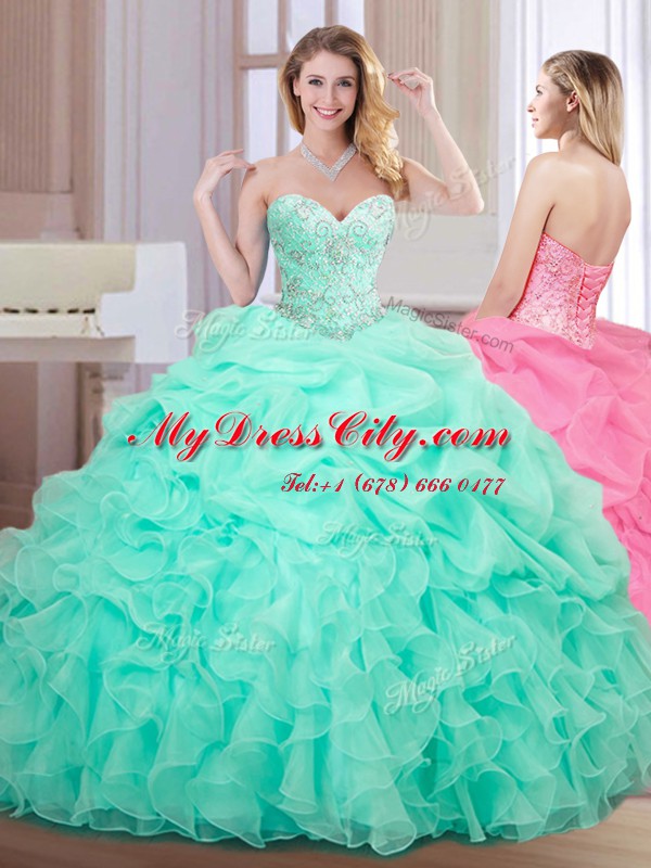 Apple Green Lace Up Sweetheart Beading and Ruffles and Pick Ups 15th Birthday Dress Organza Sleeveless