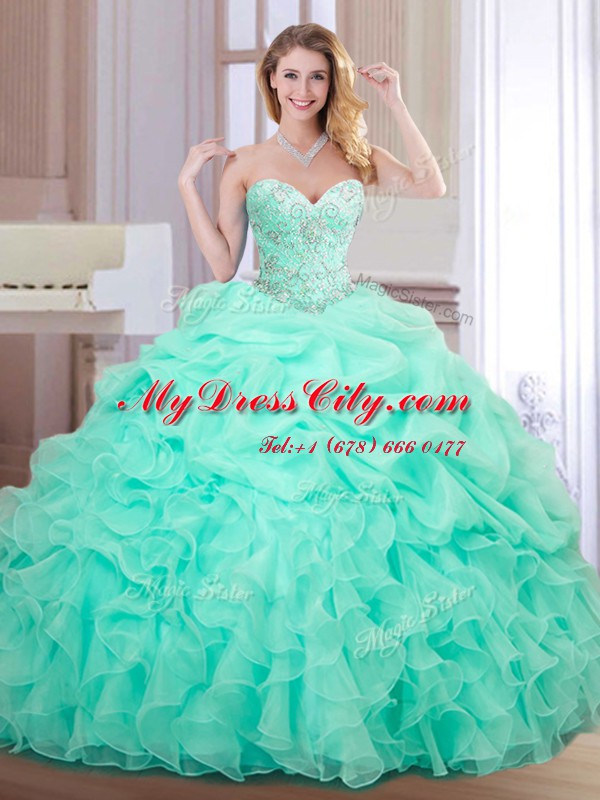 Apple Green Lace Up Sweetheart Beading and Ruffles and Pick Ups 15th Birthday Dress Organza Sleeveless